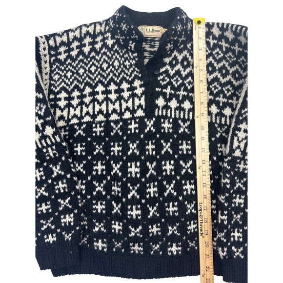 L.L. Bean Vintage 80's Nordic Black White Sweater Henley Button Neck Size M - Picture 3 of 9